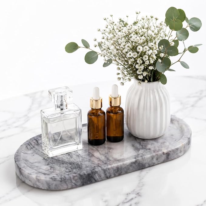 Calcatta Pink Marble Vanity Tray for Bathroom Counter, 10"x5" Decorative Tray for Perfume, Candles, Stone Jewelry Dish Tray