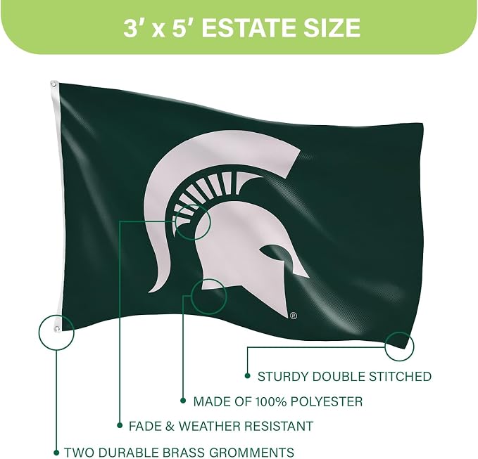 NCAA Michigan State University Flag with Grommets, 3'x5' MSU Spartans Outdoor College Flags & Banners for Garden Patio Indoor Wall Décor