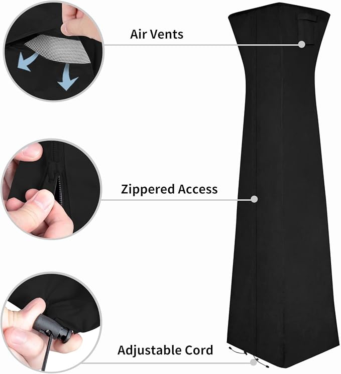 Easy-Going Pyramid Torch Patio Heater Cover with Zipper and Storage Bag, Waterproof Outdoor Heater Cover Dustproof, UV-Resisant, Wind-Resistant (90"H x 23"L x 23"W, Black)