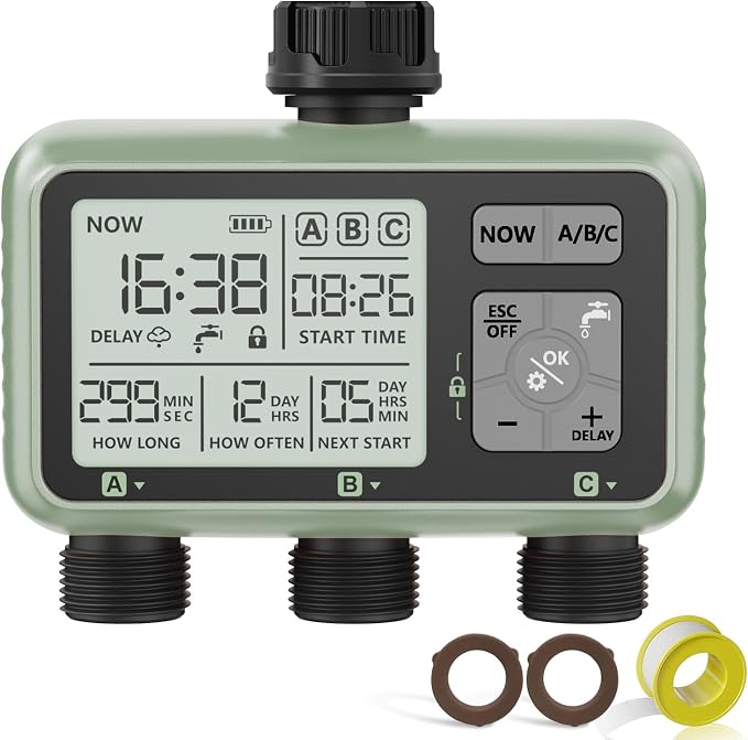 Sprinkler Timer 3 Zone Water Timer for Garden Hose Programmable Outdoor Hose Faucet Controller with Rain Delay Manual and Automatic Irrigation Controller System Low Battery Warning for Lawn Yard