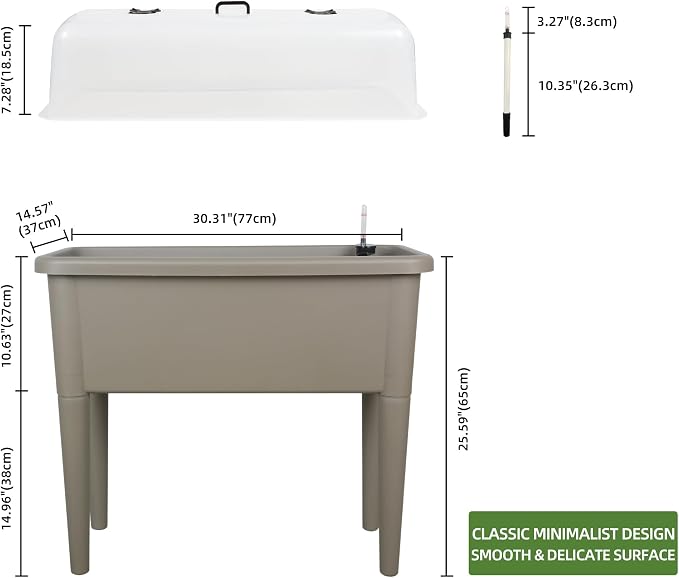 Dexceder 13.2 Gallon Self Watering Raised Garden Bed (Light Brown) | Ventilation Transparent Lid Greenhouse, Deepen Vegetable Flower Box Planter Pot with Removeble Legs & Water Level Indicator