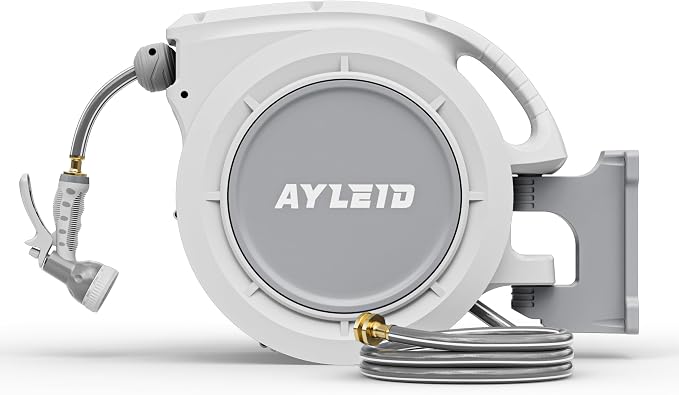 Ayleid Wall Mounted Retractable Hose Reel,1/2" x 100ft Garden Hose with 9- Function Sprayer Nozzle,Any-Length Lock,Auto Rewind & Slow Return System,180° Swivel Bracket (Grey)