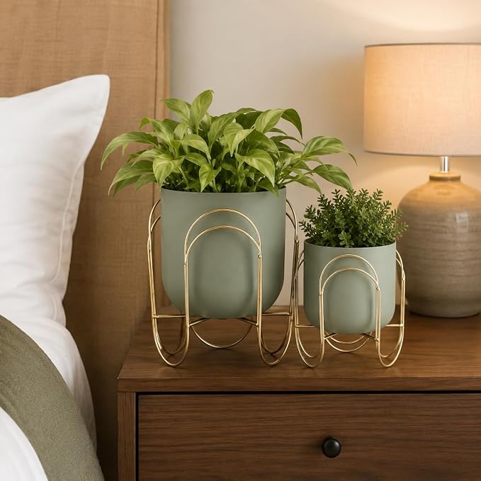 JHY DESIGN Set of 2 Planters with Stand Indoor Outdoor Metal Plant Stand 11.5/8" H Modern Planters Flower Pots for Living Room Corner Kitchen Office Garden Balcony Patio Decor(Green)
