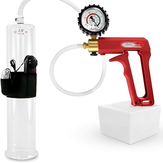 LeLuv Vibrating Penis Pump Maxi Red Handle + Protected Gauge - Bundle with Clear Hose - 12 inch Length x 2.50 inch Diameter Cylinder
