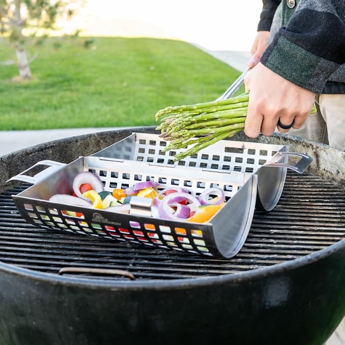 BBQ Dragon Rolling Grill Basket – Large Stainless Steel with Snap-Close Lid, Dishwasher Safe for Vegetables, Fish, and Meat