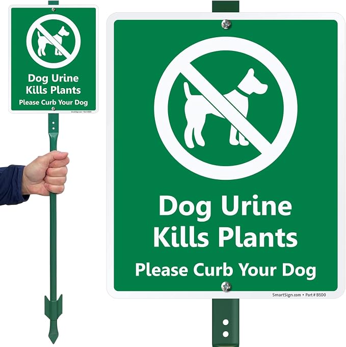 SmartSign 12 x 10 inch “Dog Urine Kills Plants - Please Curb Your Dog” LawnBoss Yard Sign with 3 foot Stake, 40 mil Laminated Rustproof Aluminum, White and Green, Set of 1