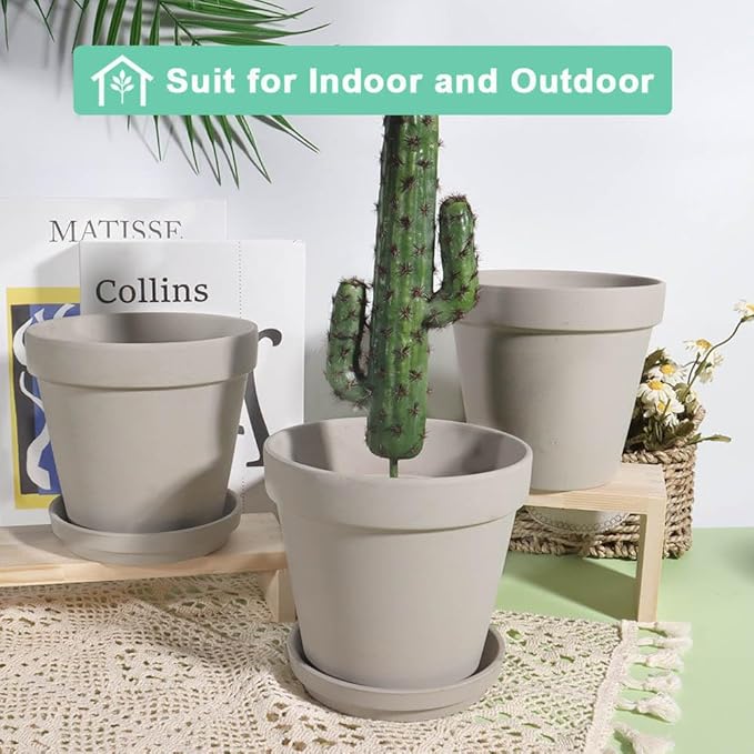 vensovo Gray 8 Inch Terracotta Pot for with Drainage - 2 Pack Large Terra Cotta Plant Pot with Saucers, Flower Clay Pot with Tray, Terracotta pot for Indoor Outdoor