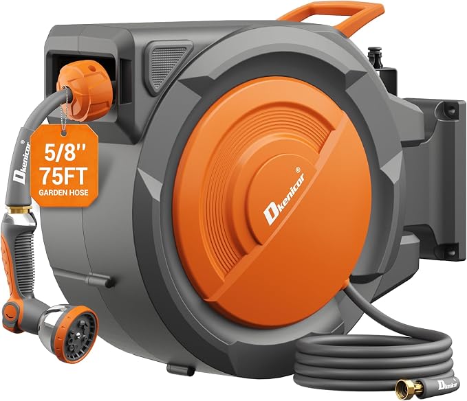 5/8" x 75 ft Retractable Hose Reel, Heavy Duty Retractable Garden Hose Reel Wall Mounted with 10-Pattern Hose Nozzle/Any Length Lock/Slow Return System/180°Swivel Bracket,Orange