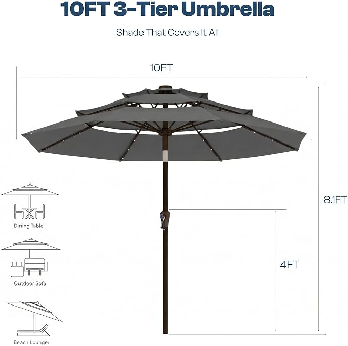 10ft 3-Tier Patio Umbrella with 32 Solar Powered LED Lights, Windproof Outdoor Market Umbrella for Deck, Poolside & Garden, Sturdy Push-Button Tilt Table Umbrella, Gray