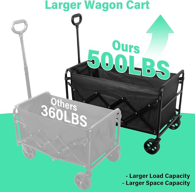 Folding Wagon Cart with All-Terrain Wheels – Heavy Duty Collapsible Utility Wagon for Grocery, Sports, Garden, Camping, Shopping (Black 500LBS)