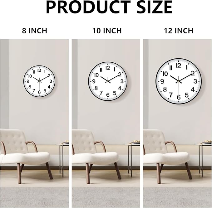 Black Wall Clock, 8 Inch Wall Clocks Battery Operated, Round Modern Non Ticking Silent Digital Analog Small Wall Clock for Bedroom Living Room Kitchen Office Gym Classroom Outdoor Clocks
