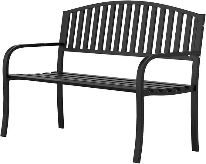 Garden Bench, 50" Outdoor Bench, 660LBS Wrought Iron Porch Bench, Patio Bench with Armrests for Garden Lawn or Yard, Black