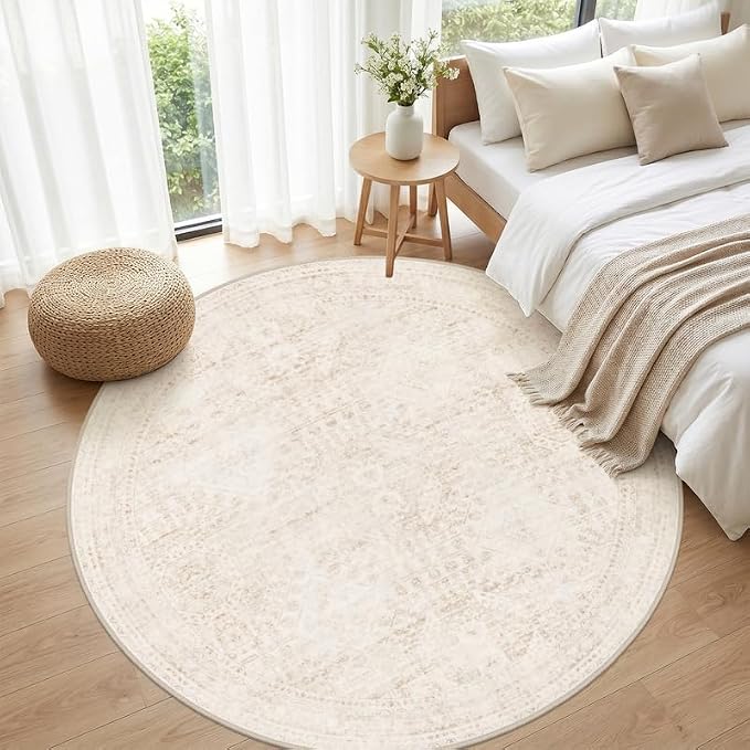 Round Area Rug Living Room: 8ft Neutral Washable Carpet Rug Beige | Vintage Boho Circle Soft Large Circular Carpet Bedroom Nursery Farmhouse Dining Room Indoor Decor Floor Non-Slip Under Table