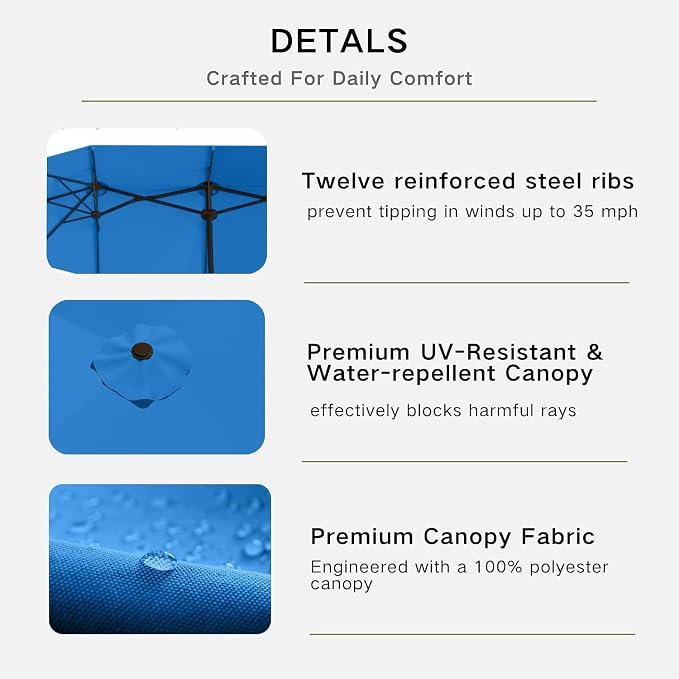Kingdura 13ft Large Patio Umbrella with Base Included, Double-Sided Rectangle Outdoor Table Umbrella with 12 Reinforced Ribs, Crank Lift for Market Pool Deck Backyard, Royal blue
