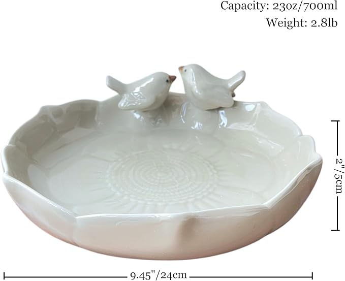Ceramic Heavy Duty Ground Wild Bird Bath Bowl or Feeder for Outdoor Garden, Bowl Only (Beige (Glossy))