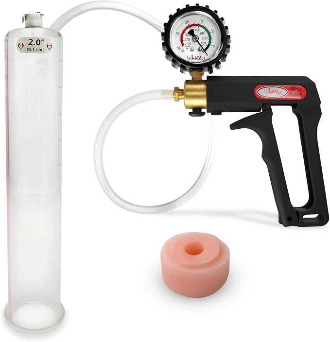 LeLuv Penis Pump Maxi Black Handle + Protected Gauge - Bundle with Clear Hose, Silicone Donut Seal - 12 inch Length x 2 inch Diameter Cylinder