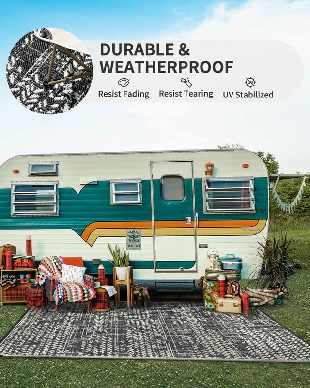 MontVoo Outdoor Rug 8x10 Waterproof-Patio Rug Mat Outdoor RV Camping Picnic Beach Mat Plastic Straw Rugs Outside Outdoor Area Rugs for Balcony Deck Backyard Grey