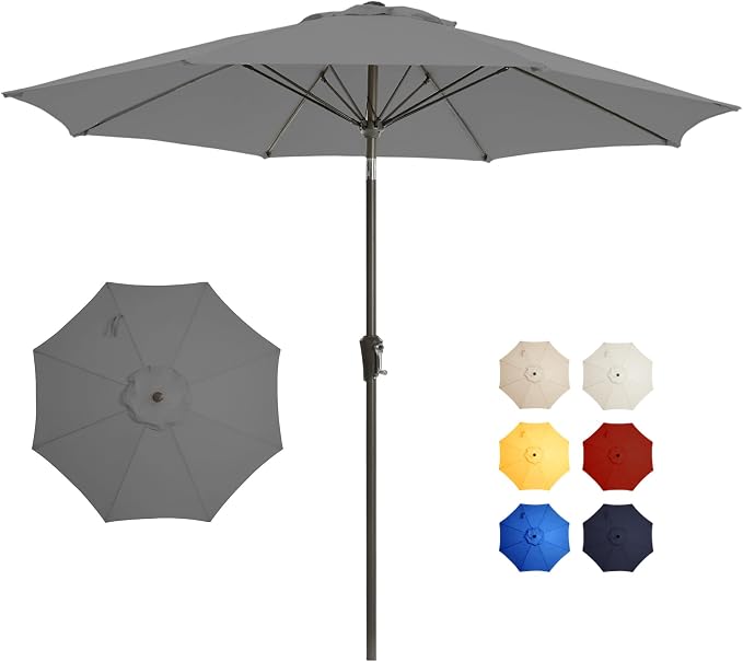 9FT Large Outdoor Patio Umbrella Pool Market Umbrella-UV Resistant, Easy Push Button Tilt and Crank, 8 Sturdy Ribs Heavy-Duty Table Umbrella for Deck, Backyard, Garden(Grey)