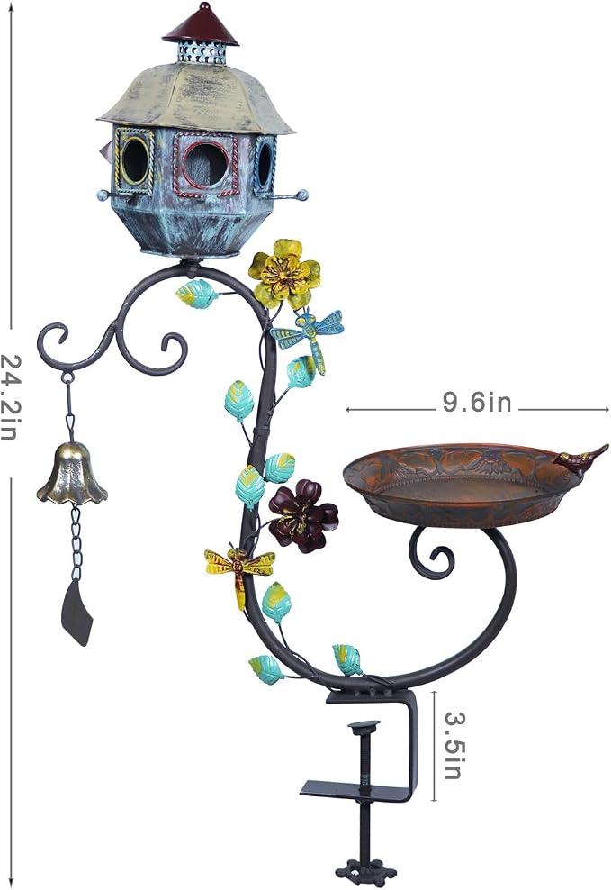 HLQMFHT Deck Bird Bath, Metal Bird Bath and Bird Houses, Decorative Deck Mounted Bird Baths, Detachable and Adjustable Sturdy Deck Bird Bath for Outdoor Porch Yard Garden Decoration