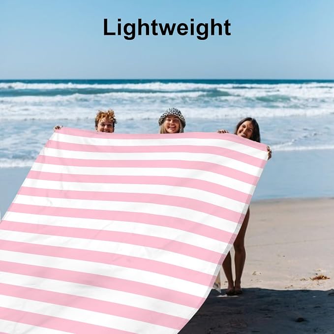 Beach Blanket Sandproof Waterproof,Extra Large Picnic Blanket 9 Ft X 10 Ft for 8 Adults with Stakes and Sand Pocket, Compact Lightweight Sand Free Beach Mat Essential- Pink Striped