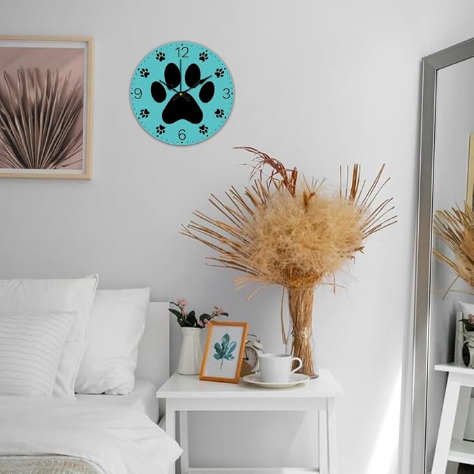 CHGCRAFT Dog Paw Prints Wall Clock 12 Inch Battery Operated Wall Clock Butterflies Non Ticking Silent Decorative Clock for Office Bedroom Home Decor