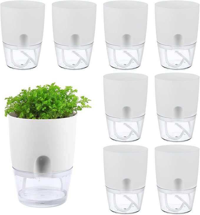 8 Pack Self Watering Pots for Indoor Plants, PlanterHoma 3.2 Inch Plant Pot Plastic Self Watering Planter for Orchid, African Violet, Mini Clear Flower Pots with Drainage Holes and Wicking Rope, White