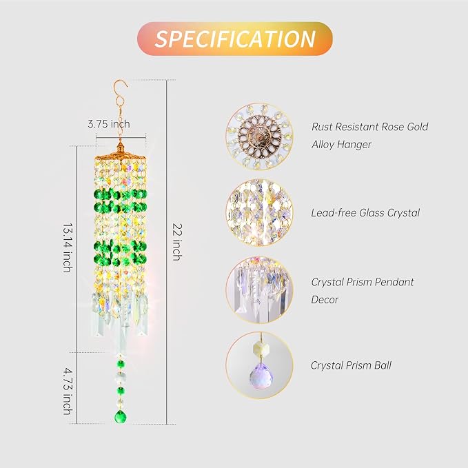 Crystal Wind Chimes Rainbow Suncatcher for Window, Garden, Patio Decor | K9 Crystal Suncatcher, 22 Inches, Creates Rainbows Indoors/Outdoors, Ideal For Gifting, Rose Gold Hooks, Porch/Balcony