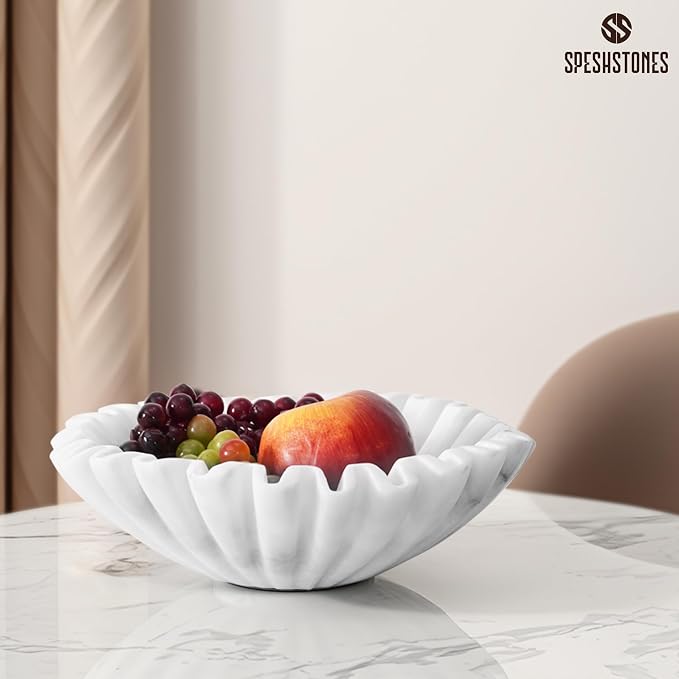 Marble Large Decorative Bowl Handmade 10 Inch White Ruffle Bowl, Scalloped Bowls for Home Decor, Modern Fruit Bowl for Kitchen Counter, Stone Fluted Bowl for Housewarming Gifts