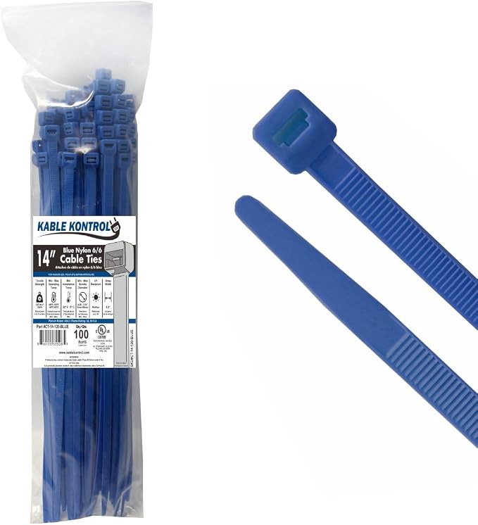 Kable Kontrol Blue Zip Ties 14 Inch 100 Pcs, 120 Lbs Tensile Strength, Self-locking Nylon Colored Cable Ties Wire Wraps for Indoor or Outdoor Use
