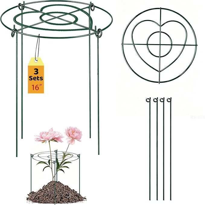 (3 Sets) Peony Cages and Supports, 16" Diameter, 4 x 24 Inches Legs, Heavy Duty Rust-Proof Grow Through Plant Support for Outdoor Flower Plants, Metal Grid Ring Hoop for Peonies, Roses, Orchids