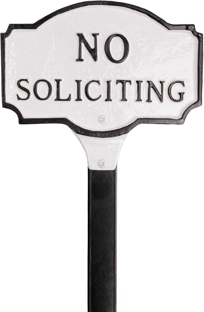 Montague Metal Products Montague No Soliciting Statement Plaque, Cast Metal No Soliciting Statement Sign - WALL Display Plaque - Warning Signs - Business - Easy to Install - UV Resistant (White/Black, 4.5" x 7.15" with 17.5" Lawn Stake)