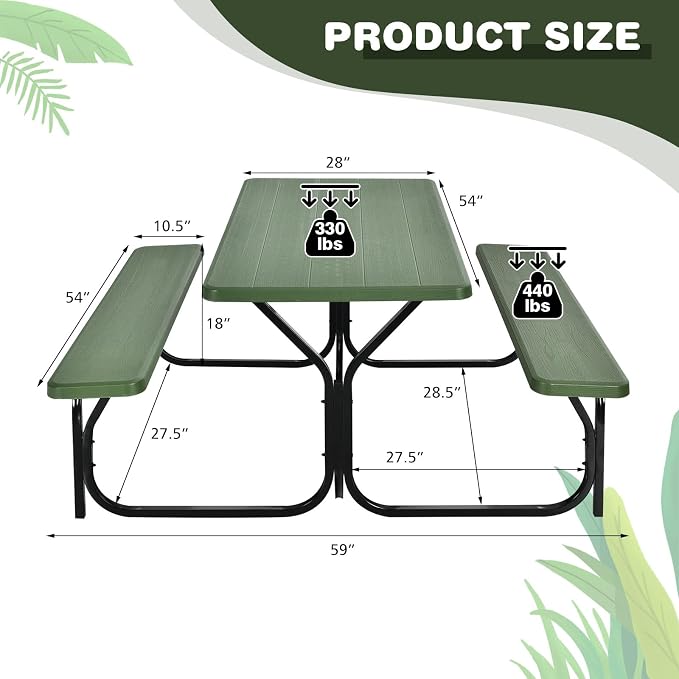 HAPPYGRILL Picnic Table Set Outdoor Patio Table Bench Set with Steel Frame & Plastic Table Top for Garden Lawn Backyard