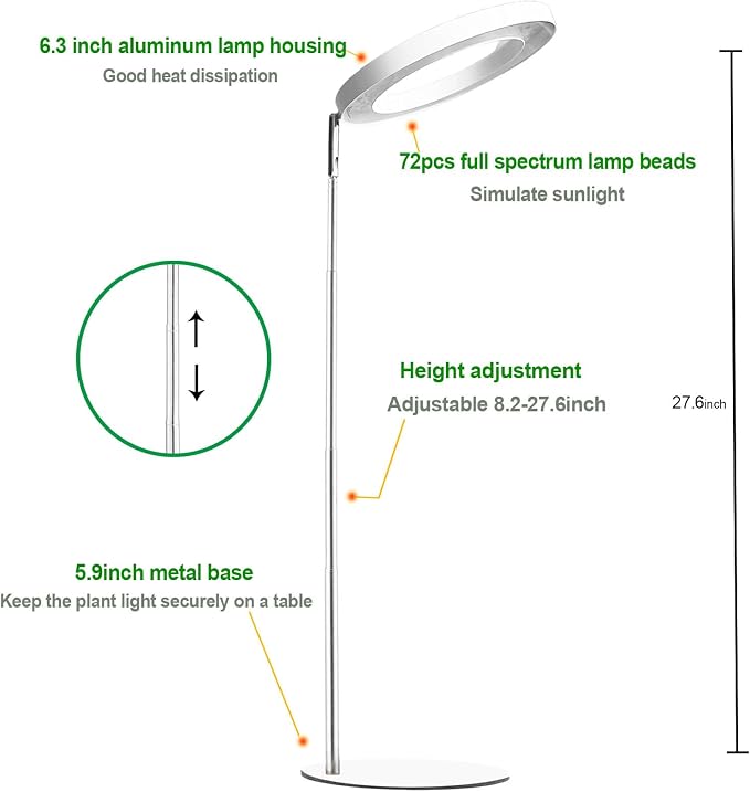 yadoker 72 LEDs Full Spectrum Plant Grow Light with Base for Indoor Plants，Height Adjustable, 6.3" Aluminum Housing,Automatic Timer with 8/12/16 Hours,10-Level Brightness,White Plant Light,1Pack