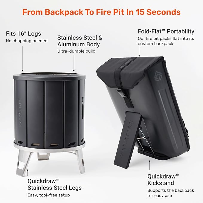 17” Portable Fire Pit for Camping - Collapsible & Folds Flat into Packable Carrying Case - Smokeless, Stainless Steel - Size Compares to Bonfire 19 - Perfect for Car, Overland Camping or RV