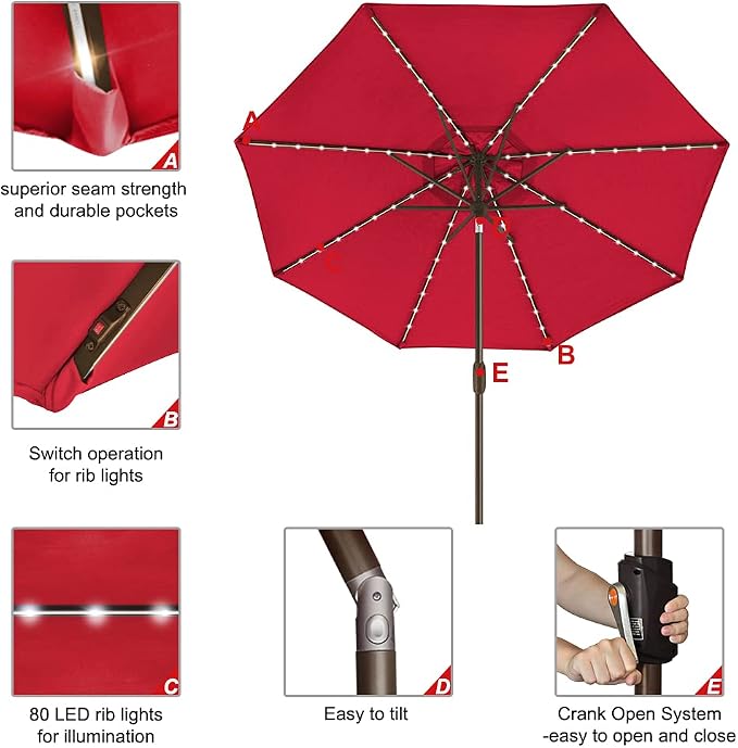 EliteShade USA 10-Year-Non-Fading 9ft Market Patio Umbrella, Commercial Grade Table Sun Umbrella with 80 Solar LED Lights, Crank Open, Windproof & UPF 50+ UV Protection for Garden, Deck, Pool, Backyard, Logo Red