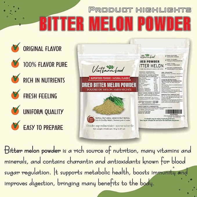 BITTER MELON POWDER 2.47 oz (70g) VIETFARMFOOD: Pure freeze-dried fruit powder, made from real fruit with no added sugar - Perfect for daily nutrition to keep your body full of vitality.
