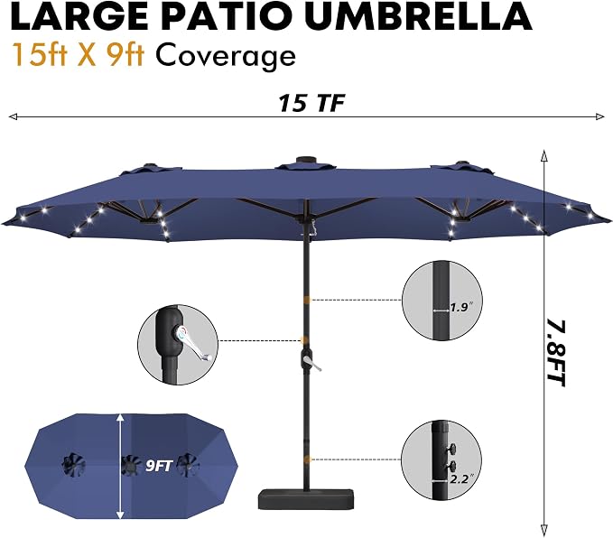 DomeShade 15 Ft Patio Umbrella with Solar Lights,Base Included,Sun Shades Outdoor Patio Parasol,Large Table Outdoor Umbrella,36 LED Lights,Awnings for Outside,Backyard Umbrella,Navy Blue