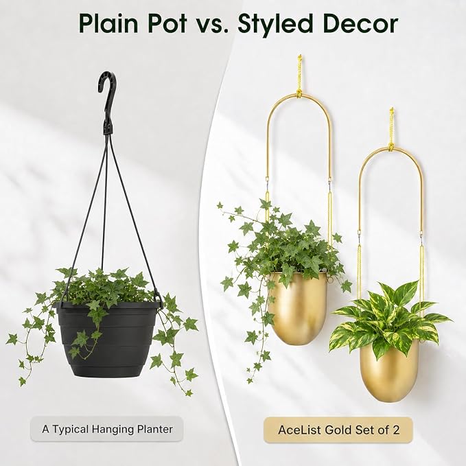 AceList Gold Hanging Planters Set of 2 - Modern Metal Plant Pots 5.5 Inch with Adjustable Hemp Rope and Mounting Hooks, Indoor Outdoor Boho Home Decor for Living Room Balcony Garden Patio Window