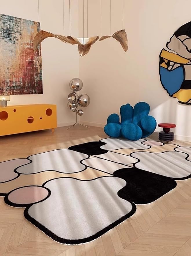 Irregular Shaped Eclectic Rug 9x12 Modern Abstract Unique Black Grey Pink Artsy Rugs for Girls Bedroom Living Room Dining Room Hallway Nursery Dorm Fluffy Thin Soft Comfort Non Skid Carpets