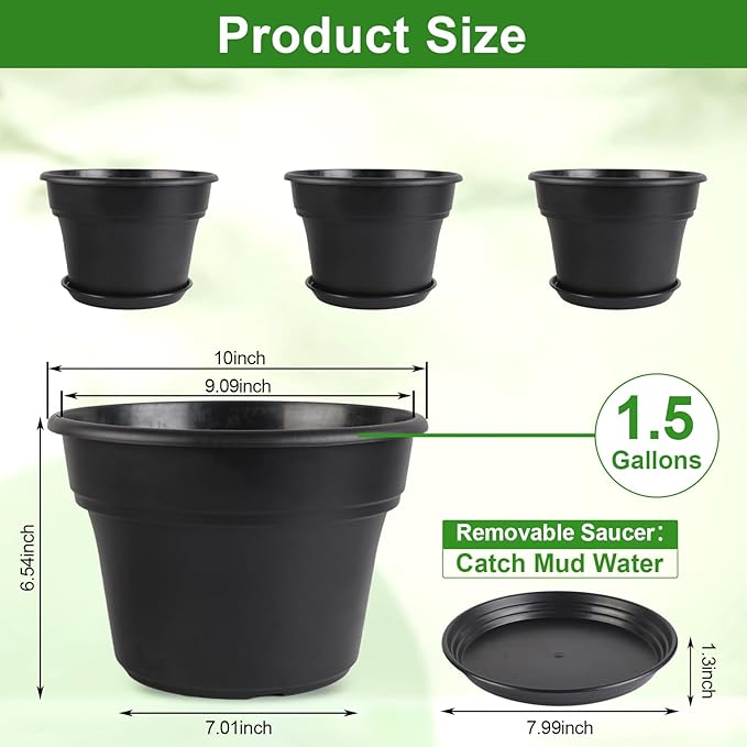 Myfeegoin 10-inch-Plant-Pots-Indoor-Outdoor, 4 Pack Plastic Planters with Drainage Holes & Saucers, Resin Flower Pots with Trays, Classic Garden Pot Container for House