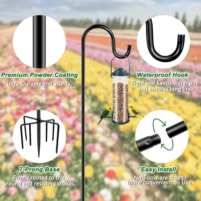 ANIDEER 84" Shepherds Hooks for Outdoor, Heavy Duty Bird Feeder Pole with 7 Prongs Base for Hanging Lantern, Hummingbird Feeder, Plant Baskets, Shepherds Hook for Bird Feeders for Outside, 1 Pack