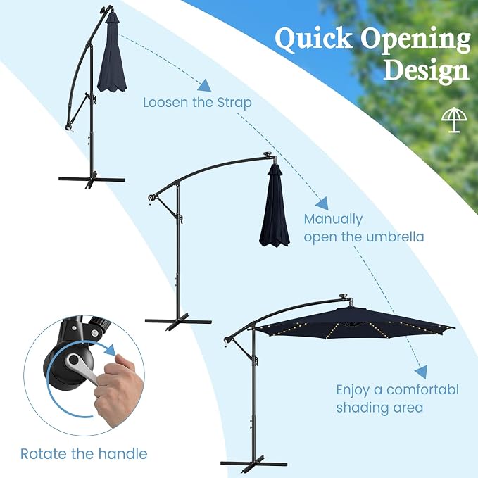 HAPPYGRILL 10FT Cantilever Patio Umbrella with Solar Lights, Outdoor Hanging Offset Umbrella with 112 LED Lights, Tilt Design, Crank Handle, Cross Base Stand for Garden Yard Deck
