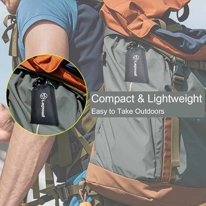 Outdoor Pocket Blanket, 55"x39" Waterproof Foldable Compact Small Picnic Blanket, Ultralight Tarp for Camping, Festival, Beach, Hiking, Backpacking, Travel, Stakes Included (Black)