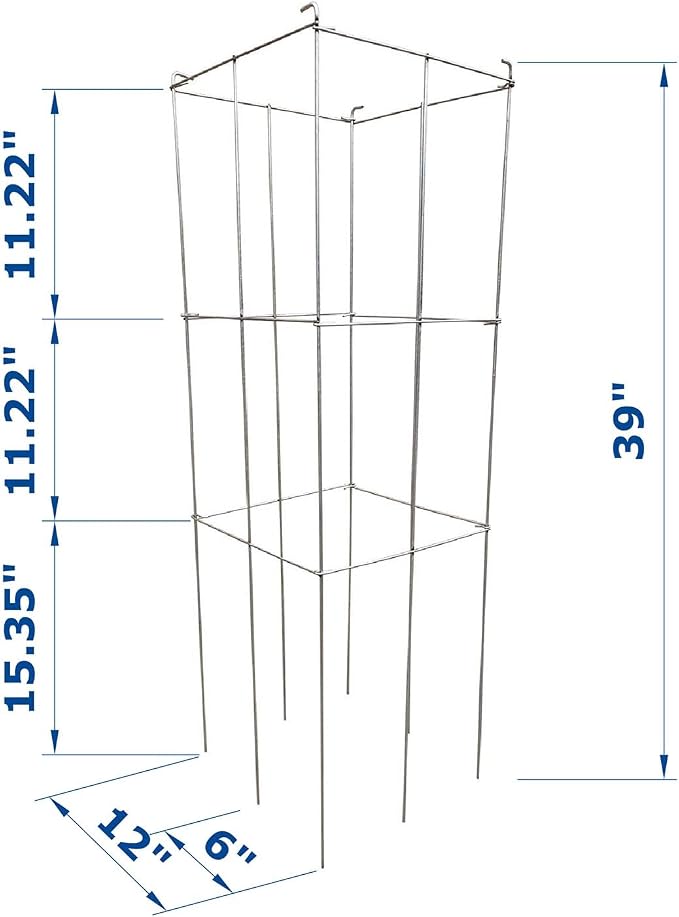 4 Pack 12x39 Inch Galvanized Folding Square Tomato Cages | Tall Plant Support, Tomato Trellis, Metal Plant Peony Cage Peony Support