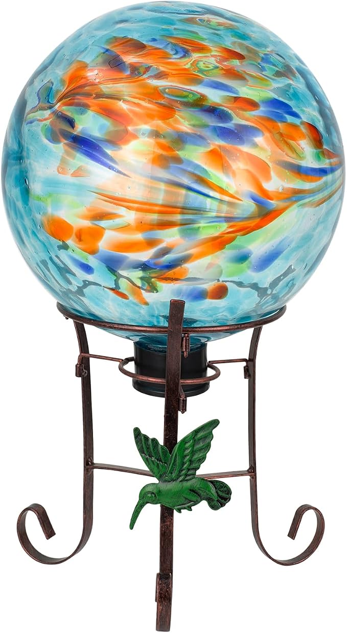 10 Inch Glass Gazing Ball with 9.4" H Metal Stand | Glass Gazing Globe Display Holder Set for Outdoor Garden Lawn Yard Decoration, Blue Artistic