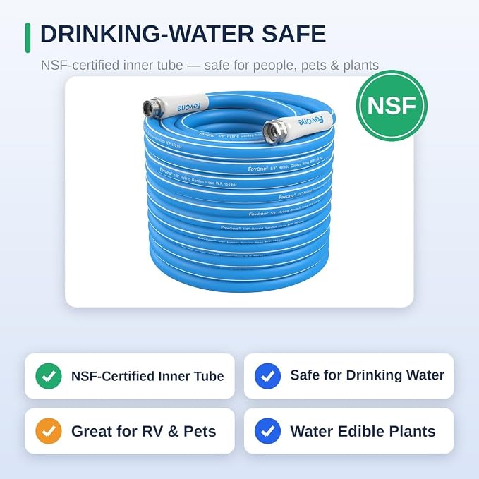 FEVONE Kink Free Garden hose 100 ft, Heavy Duty Water Hose | Drinking Water Safe, Flexible Lightweight Hybrid Polymer, 5/8 ID, 600 PSI, Leak-Free, Aluminum 3/4 GHT Connectors
