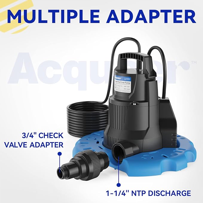 Acquaer 1/4 HP Automatic Pool Cover Pump, 2950 GPH, 115V, 25ft Cord | Submersible Water Pump with 3/4” Check Valve Adapter & 25ft Power Cord, Water Removal for Pool, Hot Tubs, Rooftops, Water Bed