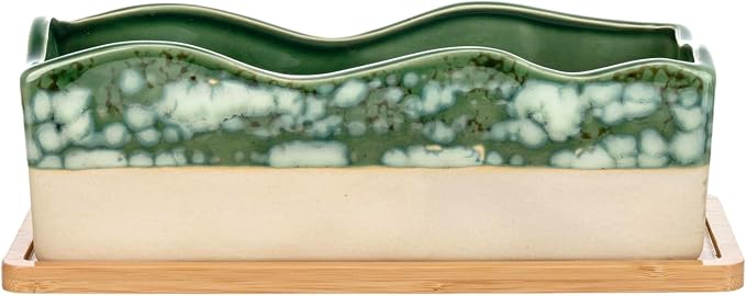 MyGift Rectangular Succulent Planter - Decorative Beige and Green Ceramic Glazed Plant Container Pot with Removable Bamboo Tray