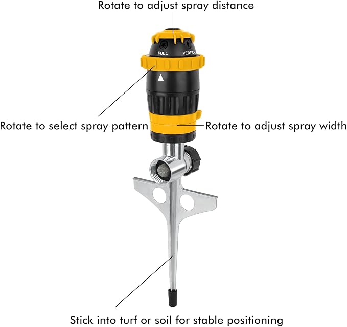 RESTMO Gear Drive Sprinkler with Metal Spike Base, 5-Pattern Heavy Duty Gardening Watering System, Multi-Adjustable Lawn Sprinkle for Garden Plant, Flower Bed and Large Yard Area Watering, Yellow