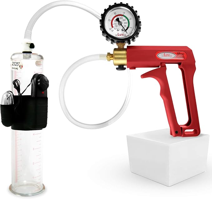 LeLuv Vibrating Penis Pump Maxi Red Handle + Protected Gauge and Clear Hose - 9 inch Length x 2.125 Inch Diameter Cylinder